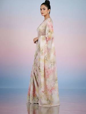off_white floral mirror work satin saree 5