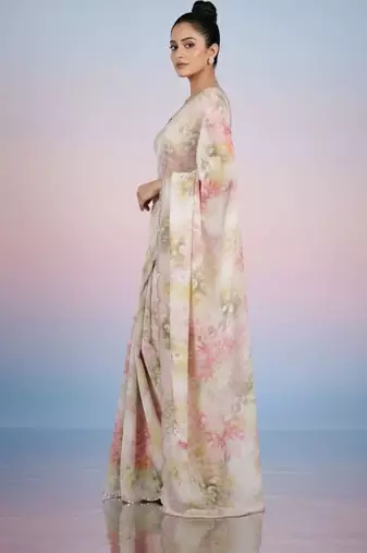 off_white floral mirror work satin saree