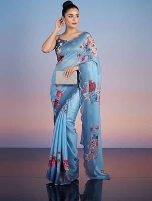 blue floral sequinned satin designer saree 1