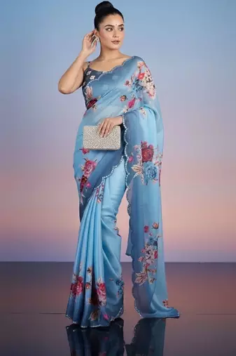 blue floral sequinned satin designer saree