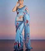 blue floral sequinned satin designer saree