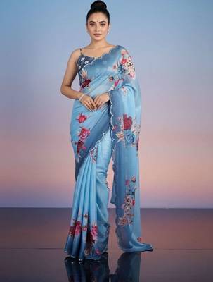 blue floral sequinned satin designer saree 2