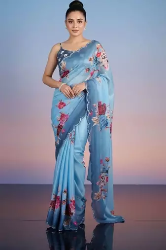 blue floral sequinned satin designer saree