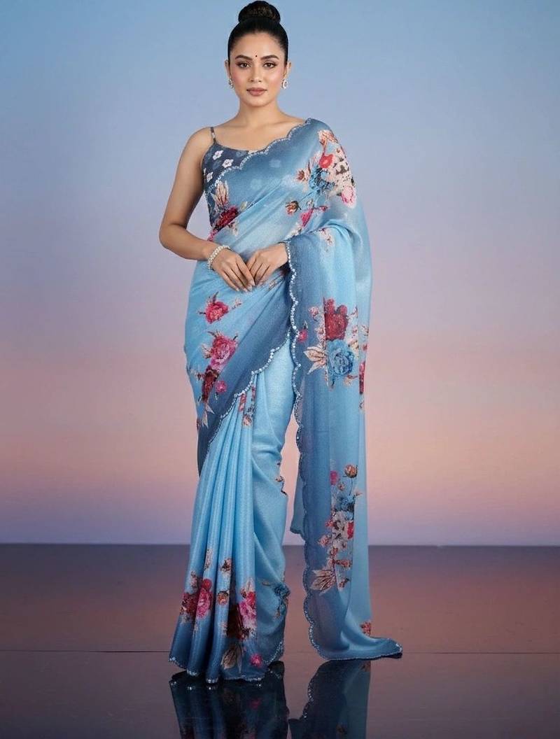 blue floral sequinned satin designer saree