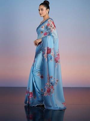 blue floral sequinned satin designer saree 3