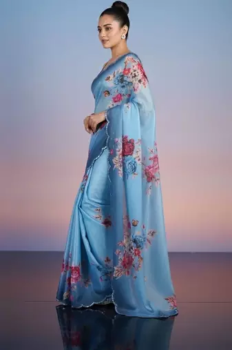 blue floral sequinned satin designer saree