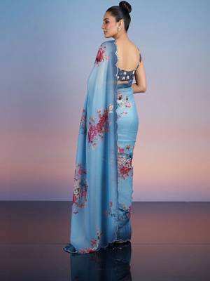 blue floral sequinned satin designer saree 4