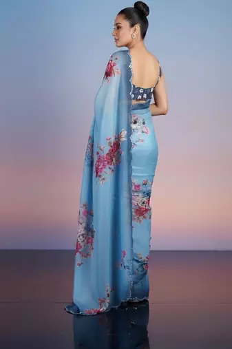 blue floral sequinned satin designer saree