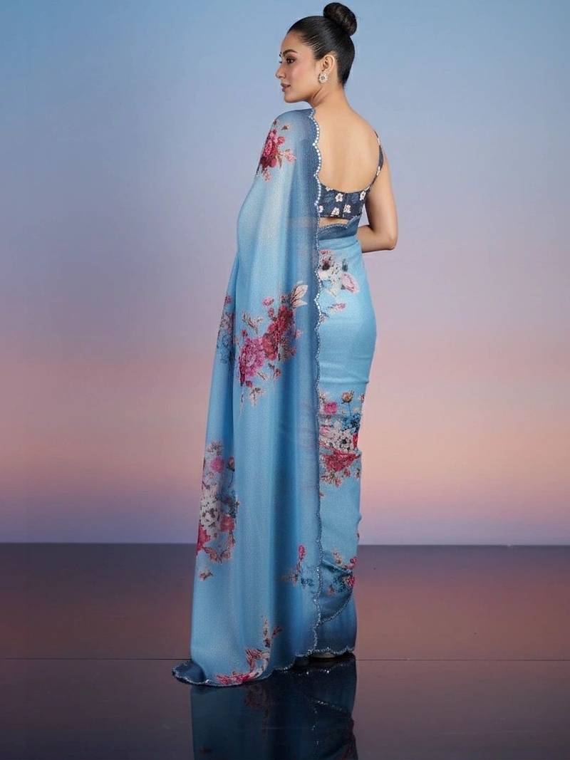 blue floral sequinned satin designer saree