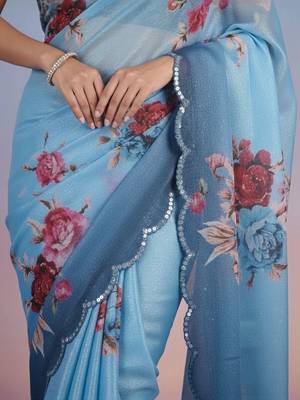blue floral sequinned satin designer saree 5
