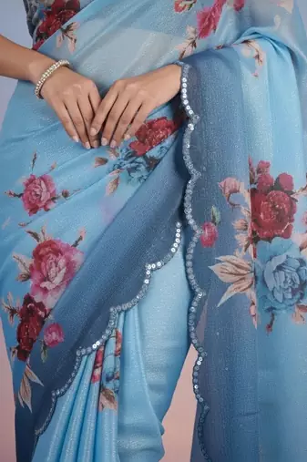 blue floral sequinned satin designer saree