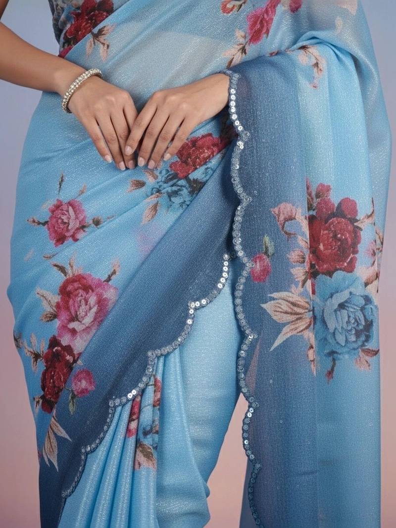 blue floral sequinned satin designer saree