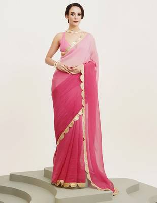 Rani pink embellished sequinned pure chiffon saree 1