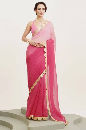 Rani pink embellished sequinned pure chiffon saree