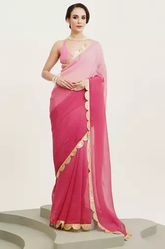 Rani pink embellished sequinned pure chiffon saree