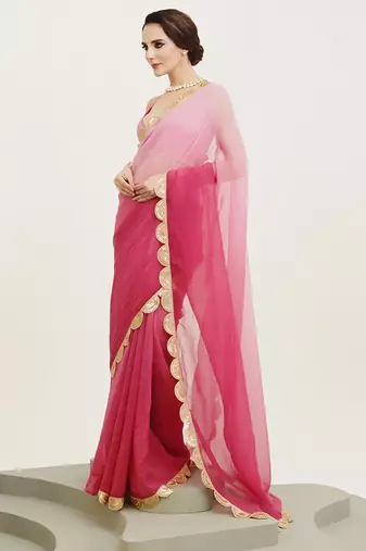 Rani pink embellished sequinned pure chiffon saree
