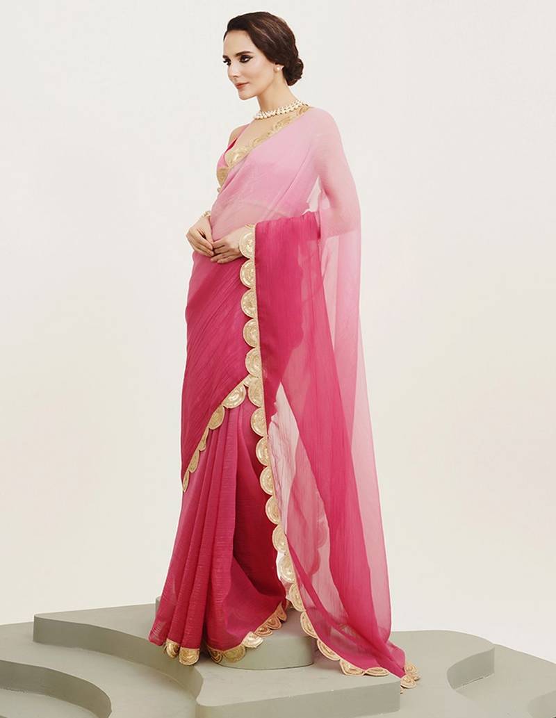 Rani pink embellished sequinned pure chiffon saree