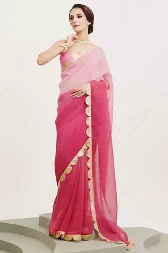 Rani pink embellished sequinned pure chiffon saree