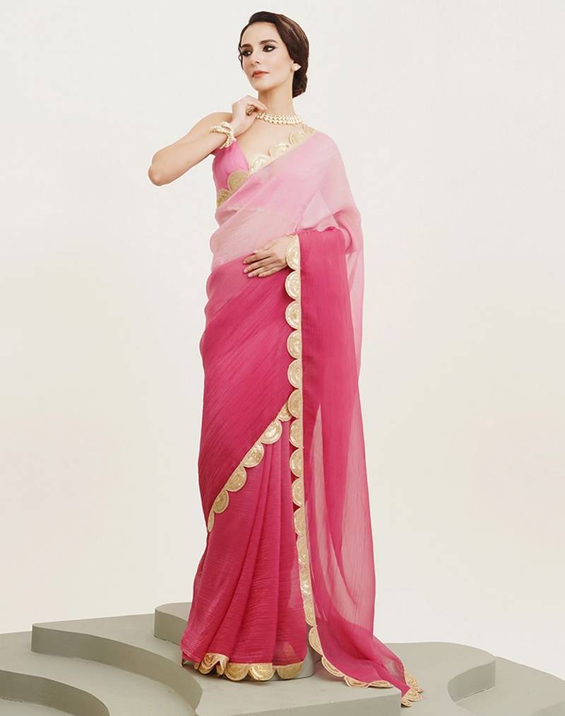Rani pink embellished sequinned pure chiffon saree