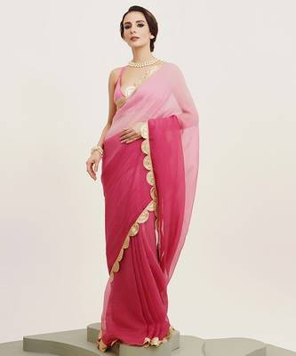 Rani pink embellished sequinned pure chiffon saree 4