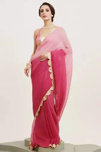 Rani pink embellished sequinned pure chiffon saree