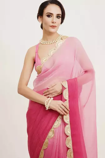 Rani pink embellished sequinned pure chiffon saree