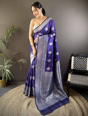 violet woven design zari banarasi saree with unstitched blouse piece 1