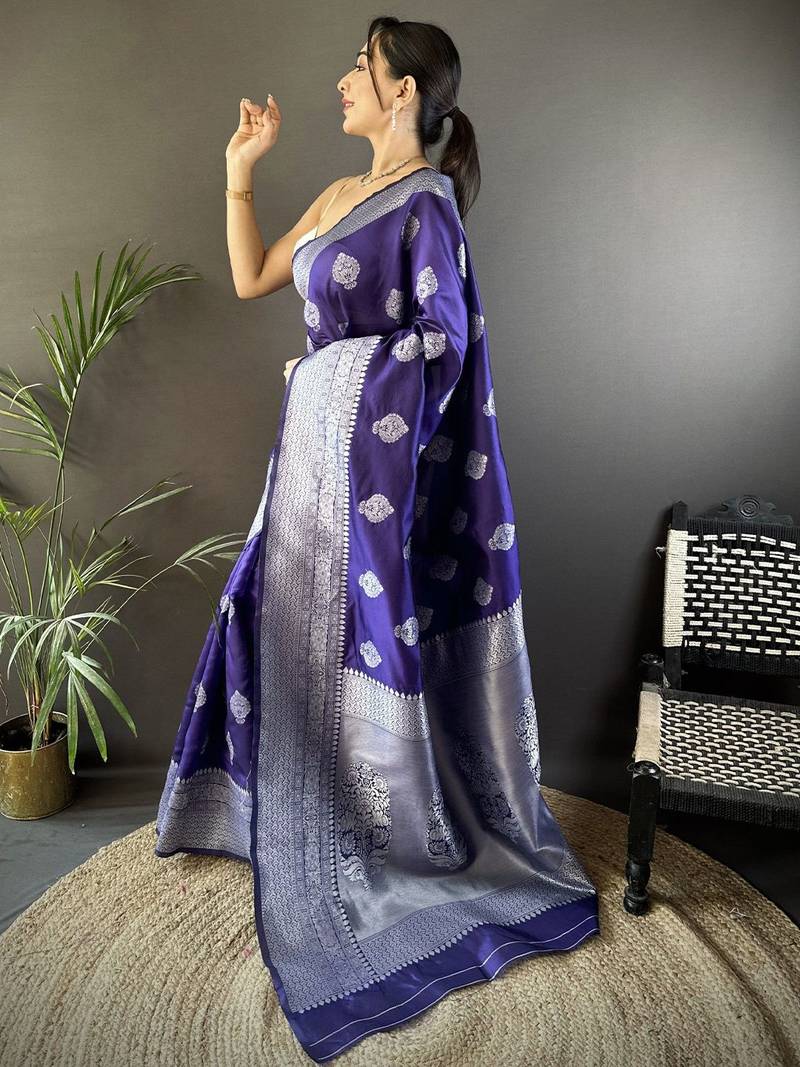violet woven design zari banarasi saree with unstitched blouse piece