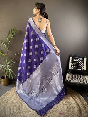 violet woven design zari banarasi saree with unstitched blouse piece 3