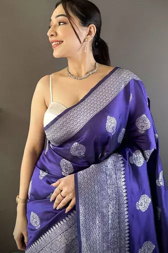 violet woven design zari banarasi saree with unstitched blouse piece
