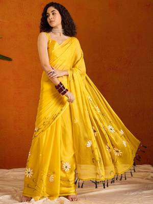 Yellow floral poly chiffon saree 1