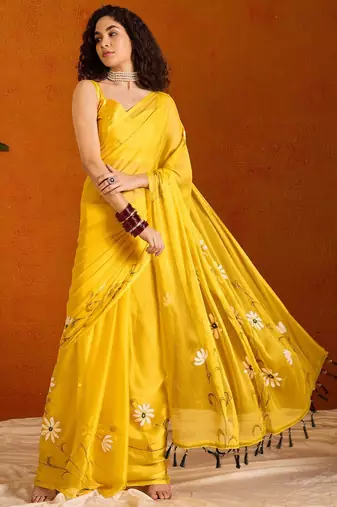 Yellow floral poly chiffon saree