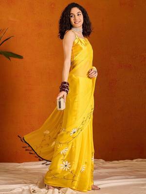 Yellow floral poly chiffon saree 2