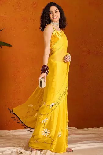 Yellow floral poly chiffon saree