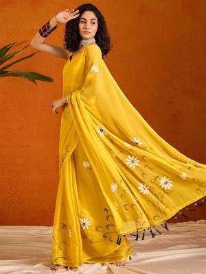 Yellow floral poly chiffon saree 3