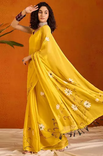 Yellow floral poly chiffon saree