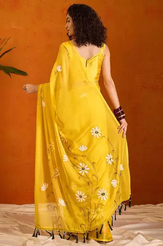Yellow floral poly chiffon saree
