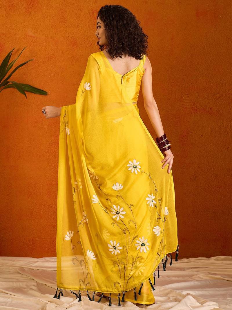 Yellow floral poly chiffon saree