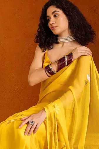 Yellow floral poly chiffon saree