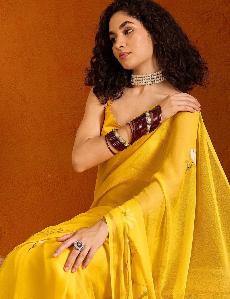 Yellow floral poly chiffon saree