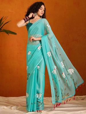 Blue floral poly chiffon saree 1