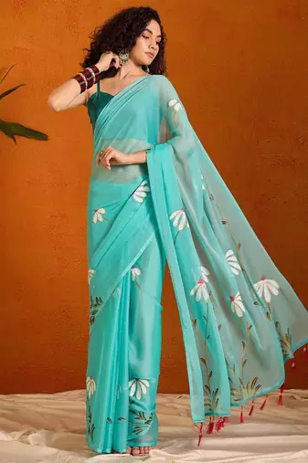 Blue floral poly chiffon saree