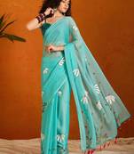 Blue floral poly chiffon saree