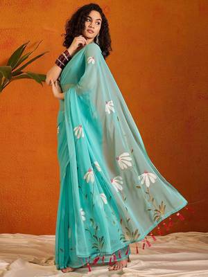 Blue floral poly chiffon saree 2