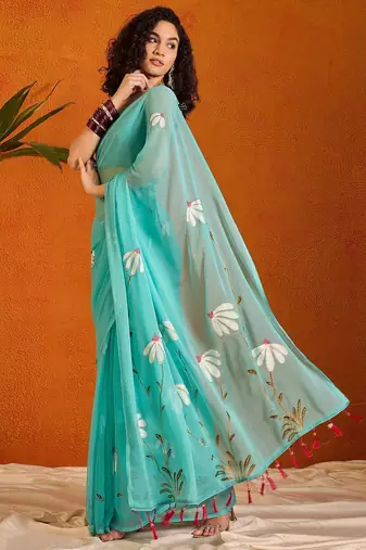 Blue floral poly chiffon saree