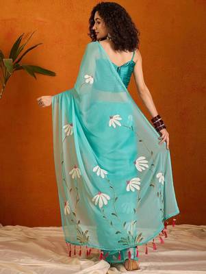 Blue floral poly chiffon saree 3