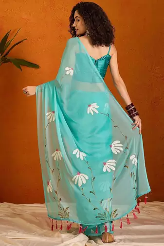 Blue floral poly chiffon saree