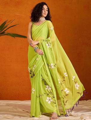 green floral poly chiffon saree 1