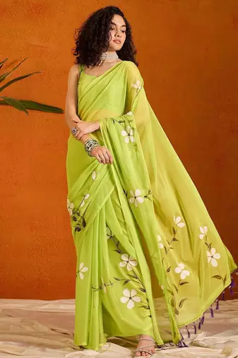 green floral poly chiffon saree