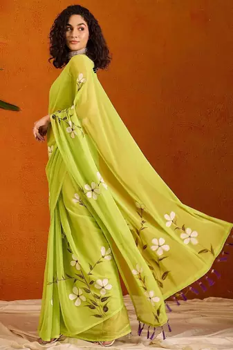 green floral poly chiffon saree